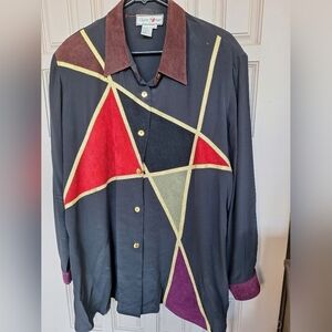 Silk & Suede Shirt Diane GilmanPlus 2X Black/Multi Color Suede Collar/Cuffs